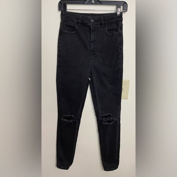 American Eagle Strech Distressed Curvy Highest Rise Jegging Black Jean Pant Sz 2 - Picture 5 of 15